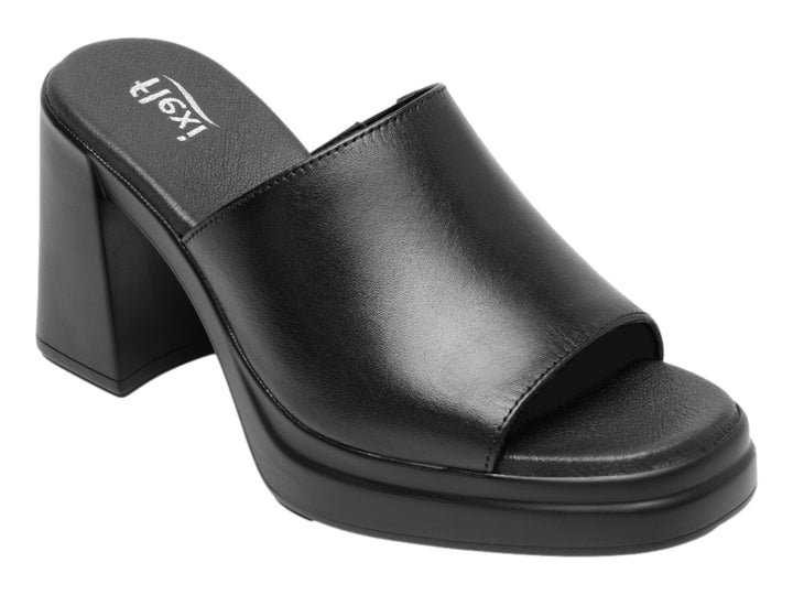 Sandalia negra de cuero con tacón grueso y plataforma para mujer.