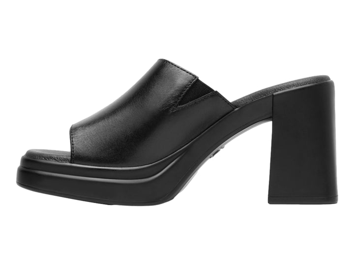 Sandalia negra de cuero con tacón grueso y plataforma para mujer.