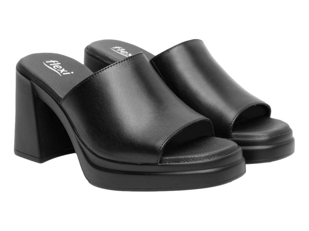 Sandalia negra de cuero con tacón grueso y plataforma para mujer.