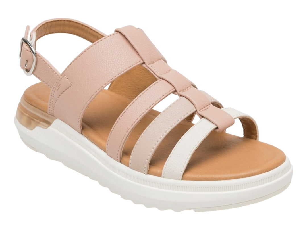 Sandalia Flexi color rosa con suela blanca y correas ajustables.