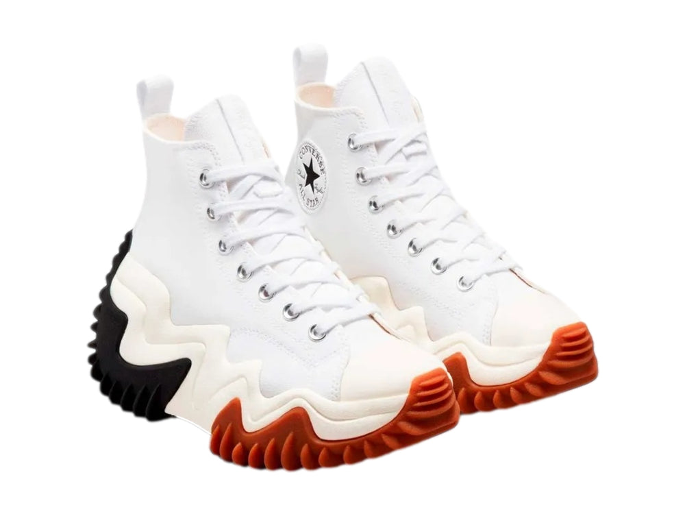 Tenis Converse Run Star Motion HI blancos con suela gruesa y ondulada en colores blanco, negro y goma.