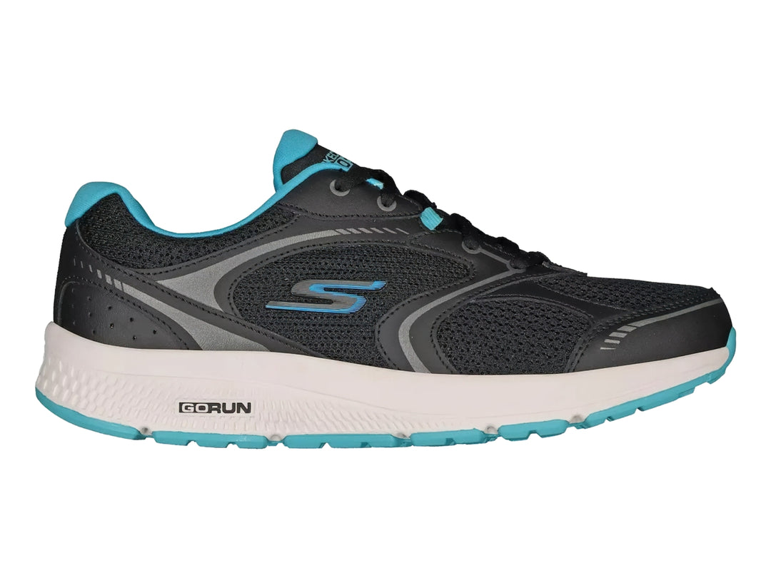 Tenis deportivos Skechers Go Run color negro y gris con detalles azules y suela blanca.
