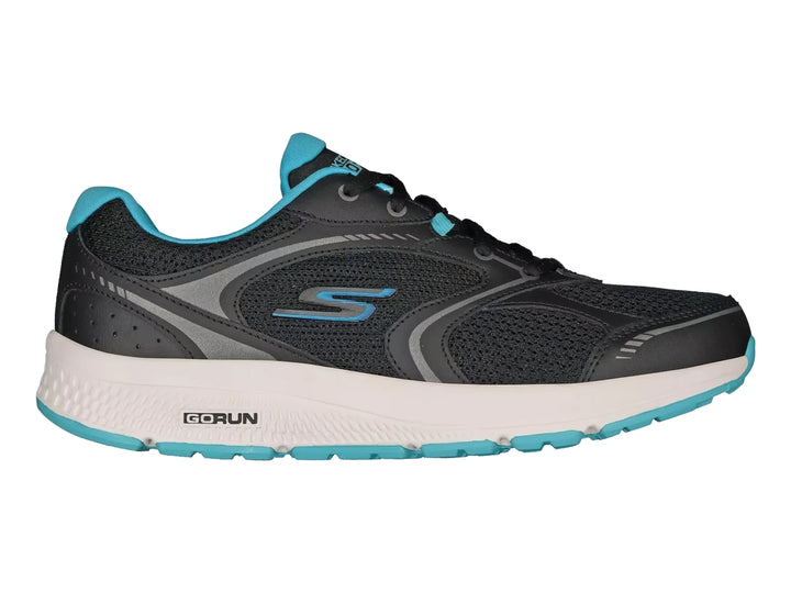 Tenis deportivos Skechers Go Run color negro y gris con detalles azules y suela blanca.