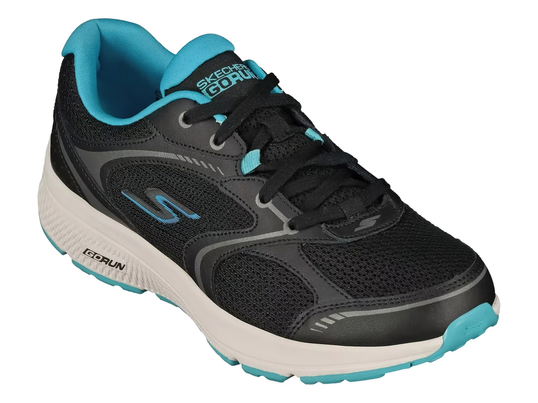 Tenis deportivos Skechers Go Run color negro y gris con detalles azules y suela blanca.