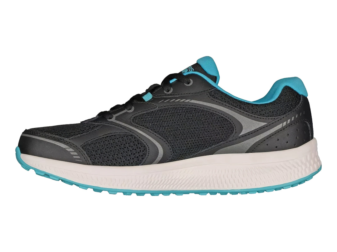Tenis deportivos Skechers Go Run color negro y gris con detalles azules y suela blanca.