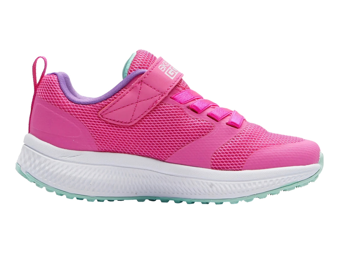 Tenis deportivos SKECHERS para niña en color rosa con suela blanca y correa de velcro.