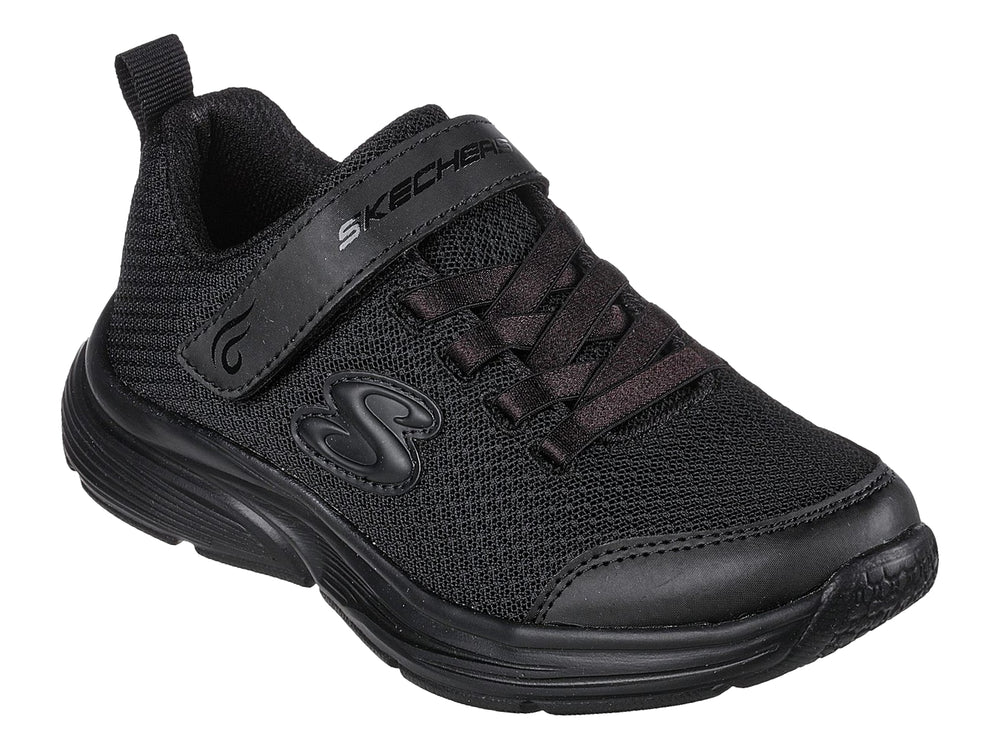 Tenis deportivos Skechers para niña en color negro con malla y cierre de correa.