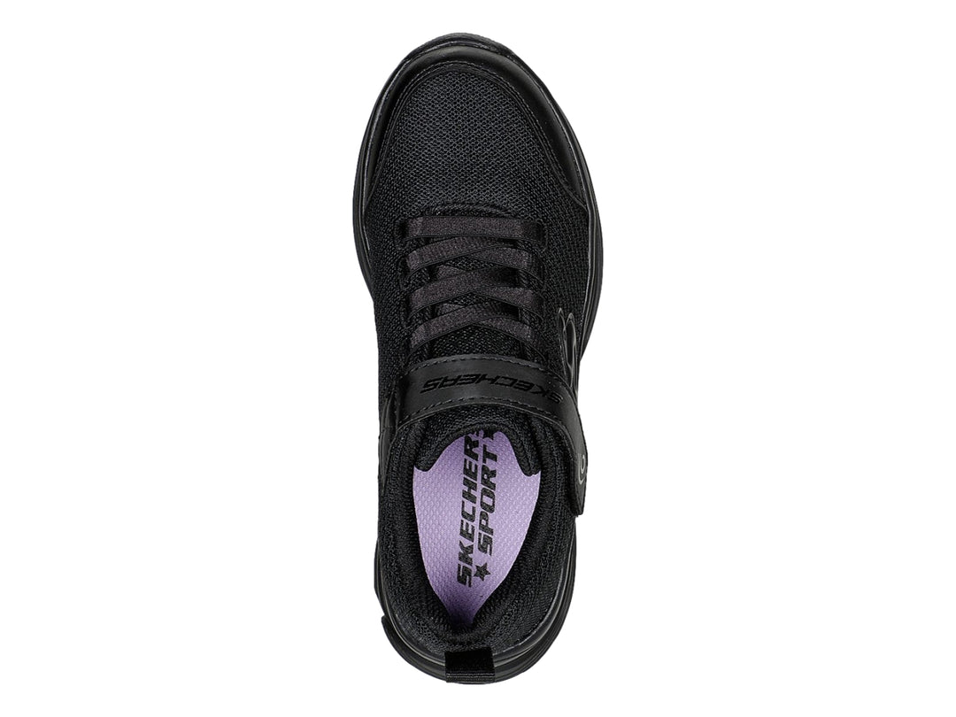 Tenis deportivos Skechers para niña en color negro con malla y cierre de correa.