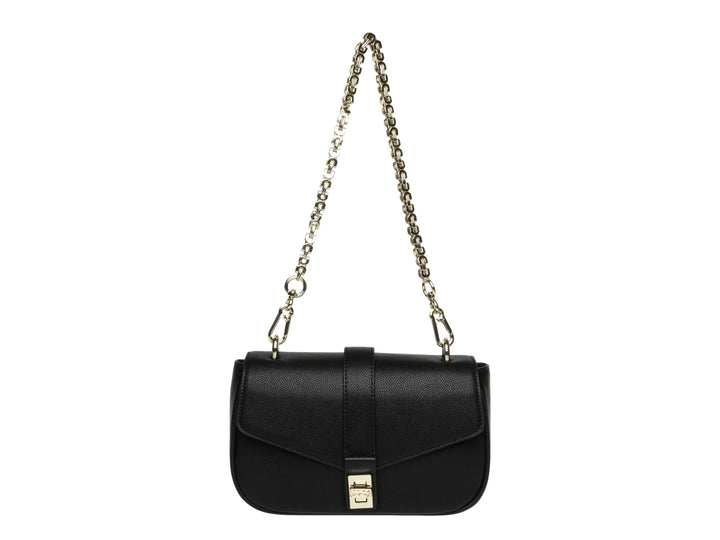Bolso de hombro Steve Madden color negro con textura granulada, cierre dorado y correa de cadena dorada.