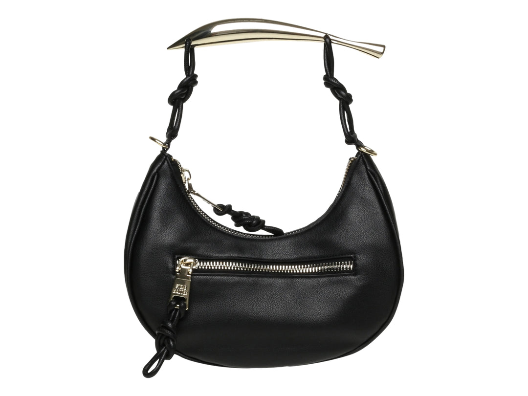 Bolso de hombro Steve Madden color negro con asa superior metálica dorada y cierre frontal decorativo.
