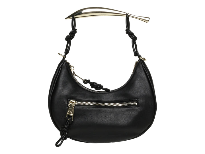 Bolso de hombro Steve Madden color negro con asa superior metálica dorada y cierre frontal decorativo.