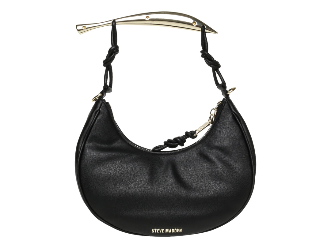 Bolso de hombro Steve Madden color negro con asa superior metálica dorada y cierre frontal decorativo.
