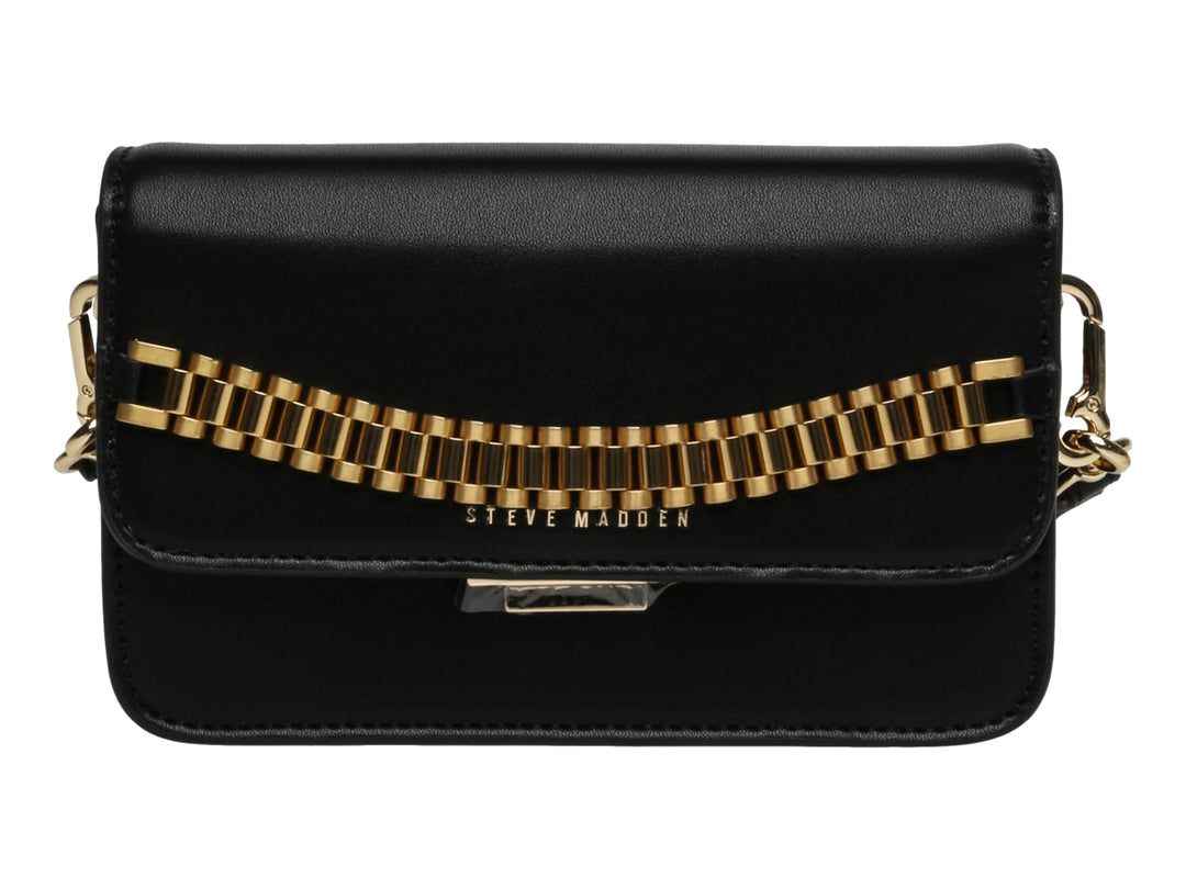 Bolso negro de Steve Madden con detalle de cadena dorada frontal y correa ajustable.