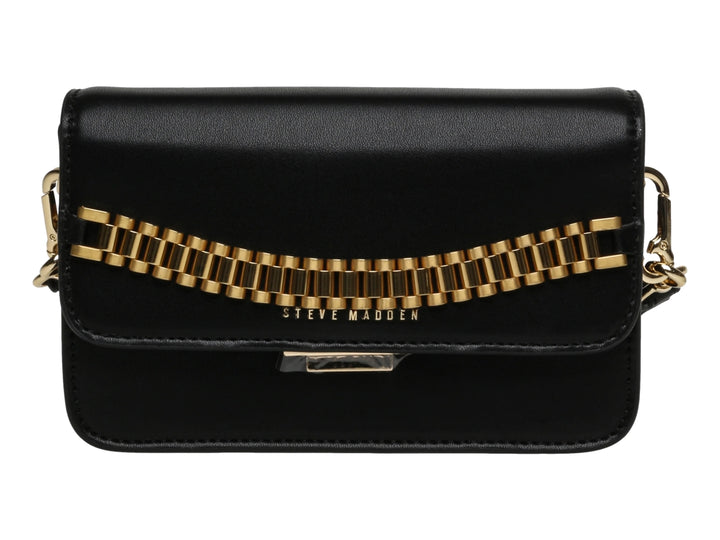 Bolso negro de Steve Madden con detalle de cadena dorada frontal y correa ajustable.
