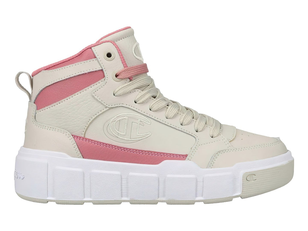 Tenis Champion de bota color beige con detalles en rosa y suela blanca ancha.