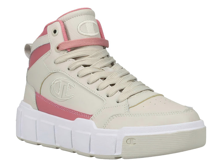 Tenis Champion de bota color beige con detalles en rosa y suela blanca ancha.