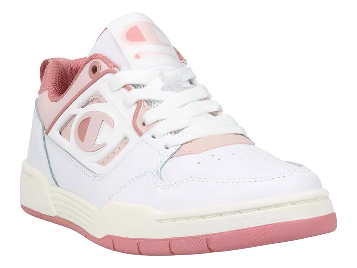 Tenis deportivos Champion de corte bajo en color blanco con detalles en rosa y suela blanca y rosa.