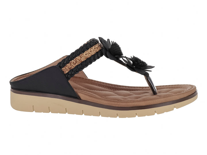 Sandalia negra y beige con tira trenzada, adornos florales y suela acolchada.