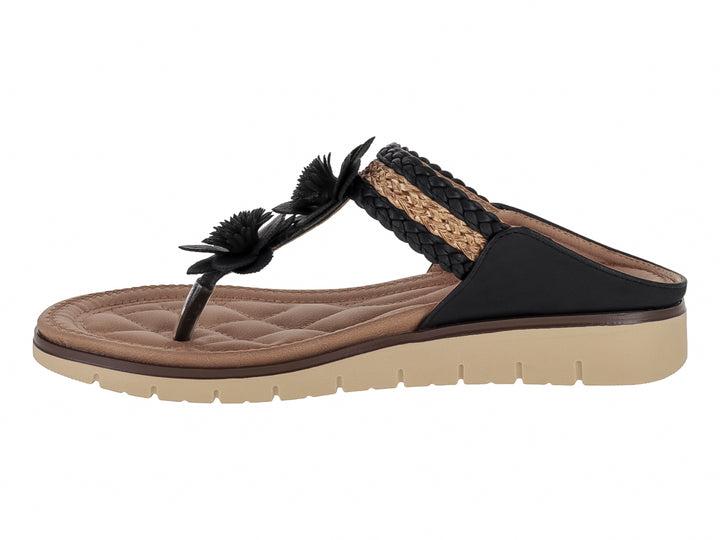 Sandalia negra y beige con tira trenzada, adornos florales y suela acolchada.