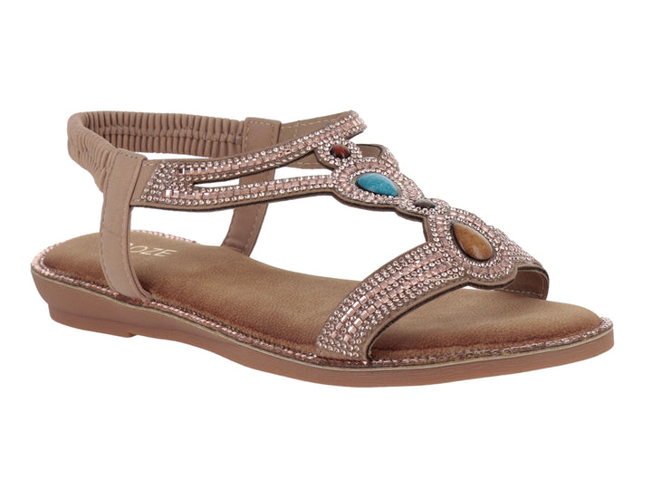 Sandalia plana color rose gold con detalles brillantes y correa al tobillo.