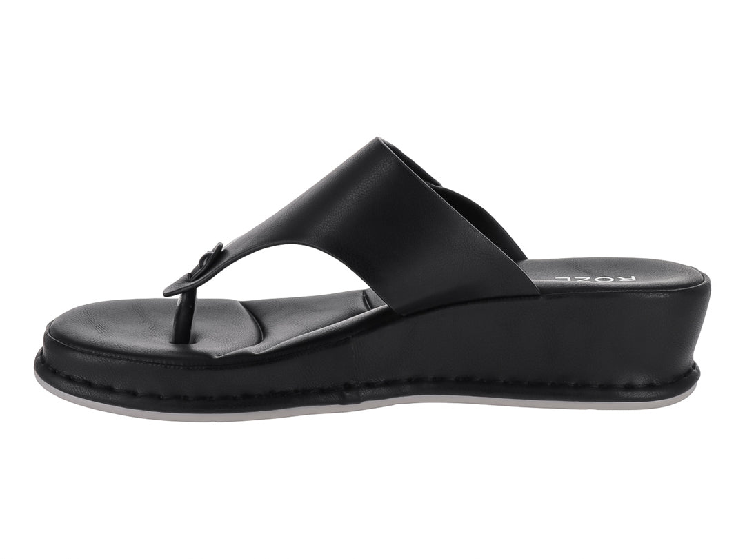 Sandalias negras de plataforma marca ROZE con diseño de tira en T y detalle circular en la parte superior.