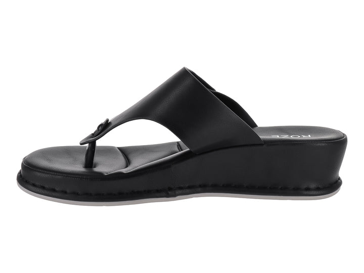 Sandalias negras de plataforma marca ROZE con diseño de tira en T y detalle circular en la parte superior.