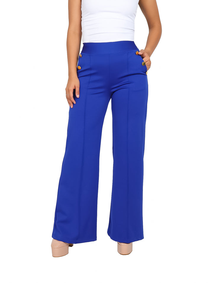 Pantalón azul royal de pierna ancha con botones laterales y talle alto.