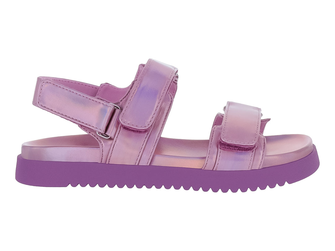 Sandalias rosa metálico con suela morada y correas ajustables.