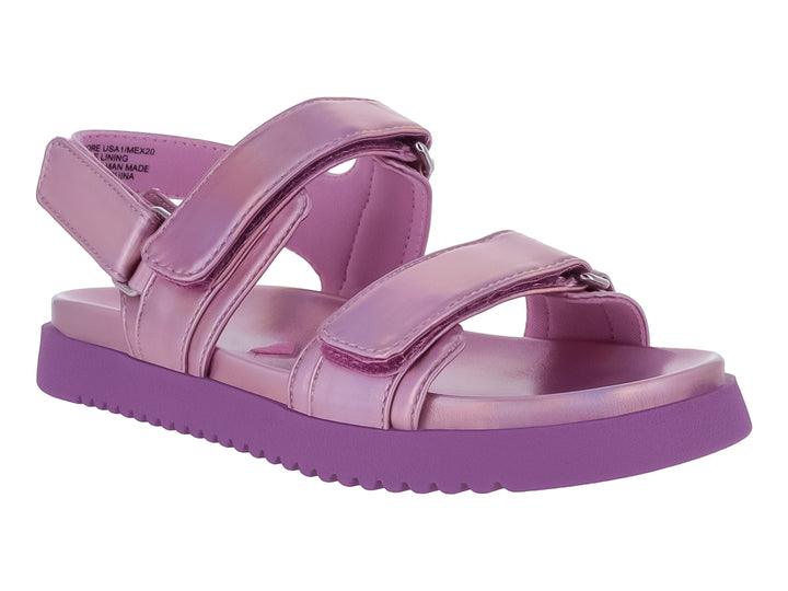 Sandalias rosa metálico con suela morada y correas ajustables.