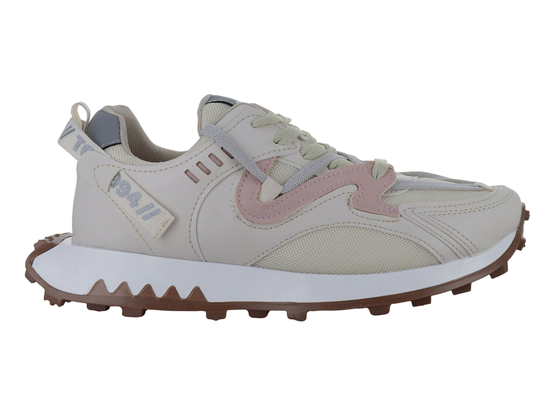 Tenis deportivos Ten Colours color beige y rosa con suela dentada color café.