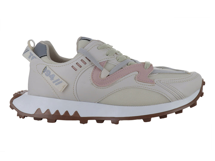 Tenis deportivos Ten Colours color beige y rosa con suela dentada color café.