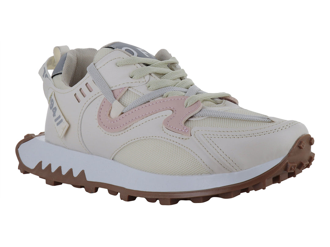 Tenis deportivos Ten Colours color beige y rosa con suela dentada color café.