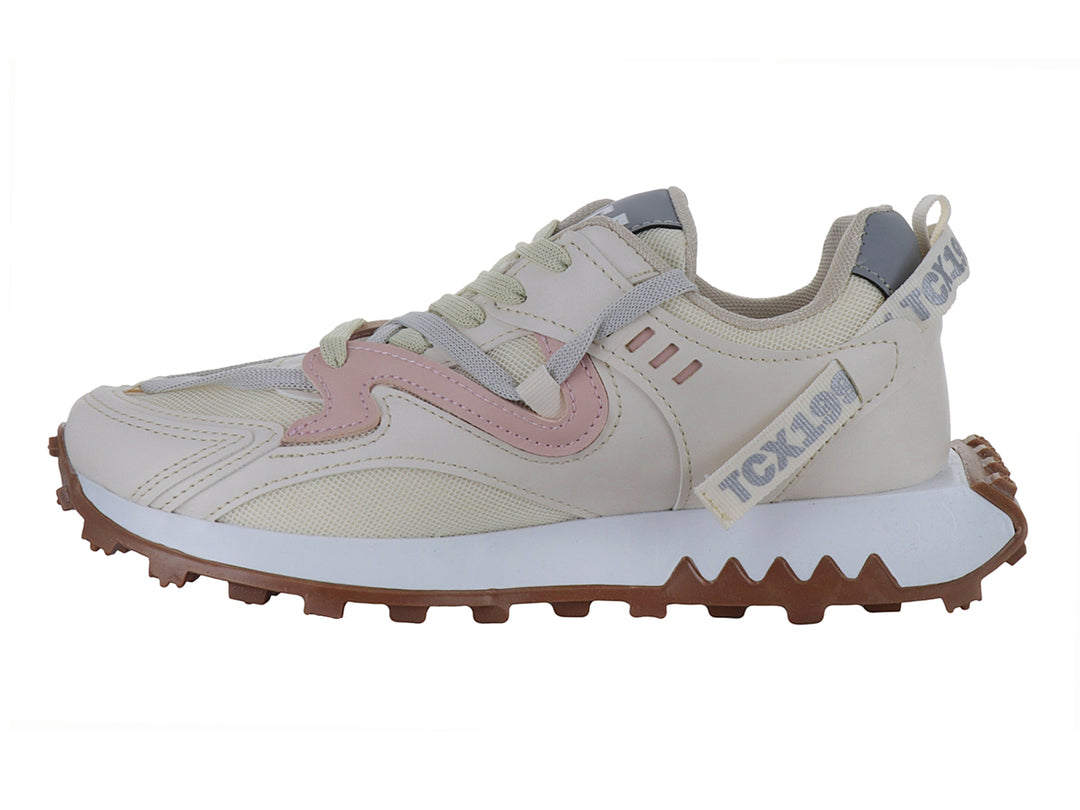 Tenis deportivos Ten Colours color beige y rosa con suela dentada color café.