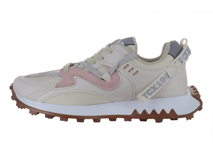 Tenis deportivos Ten Colours color beige y rosa con suela dentada color café.