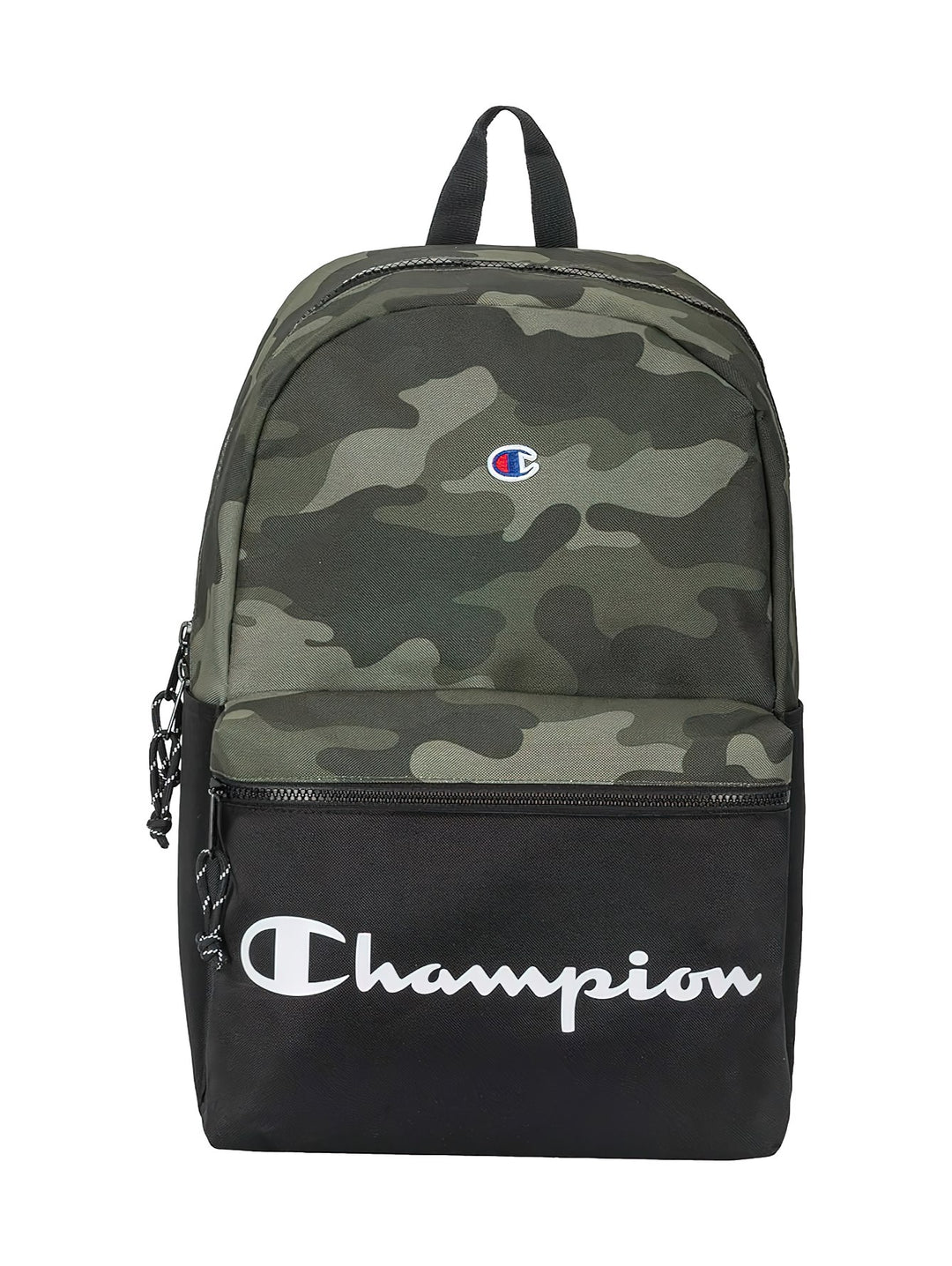 Mochila Champion con estampado de camuflaje verde en la parte superior y base negra con logotipo blanco.