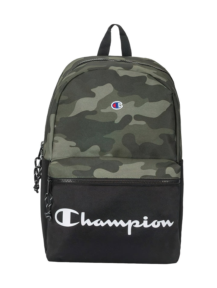 Mochila Champion con estampado de camuflaje verde en la parte superior y base negra con logotipo blanco.