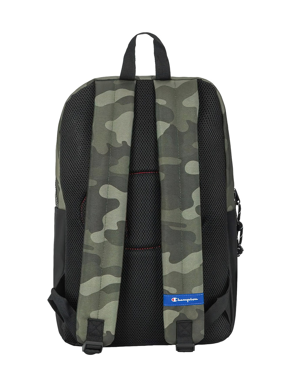 Mochila Champion con estampado de camuflaje verde en la parte superior y base negra con logotipo blanco.