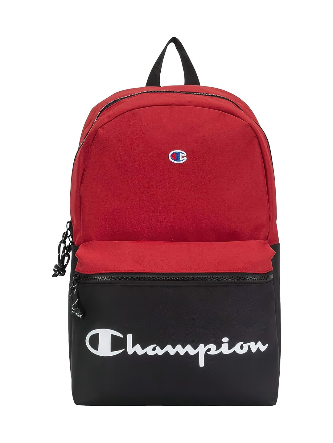 Mochila escolar Champion en colores rojo y negro con logotipo blanco en el frente.