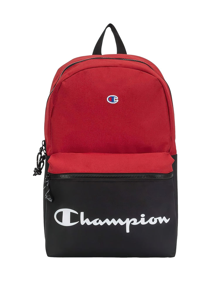 Mochila escolar Champion en colores rojo y negro con logotipo blanco en el frente.