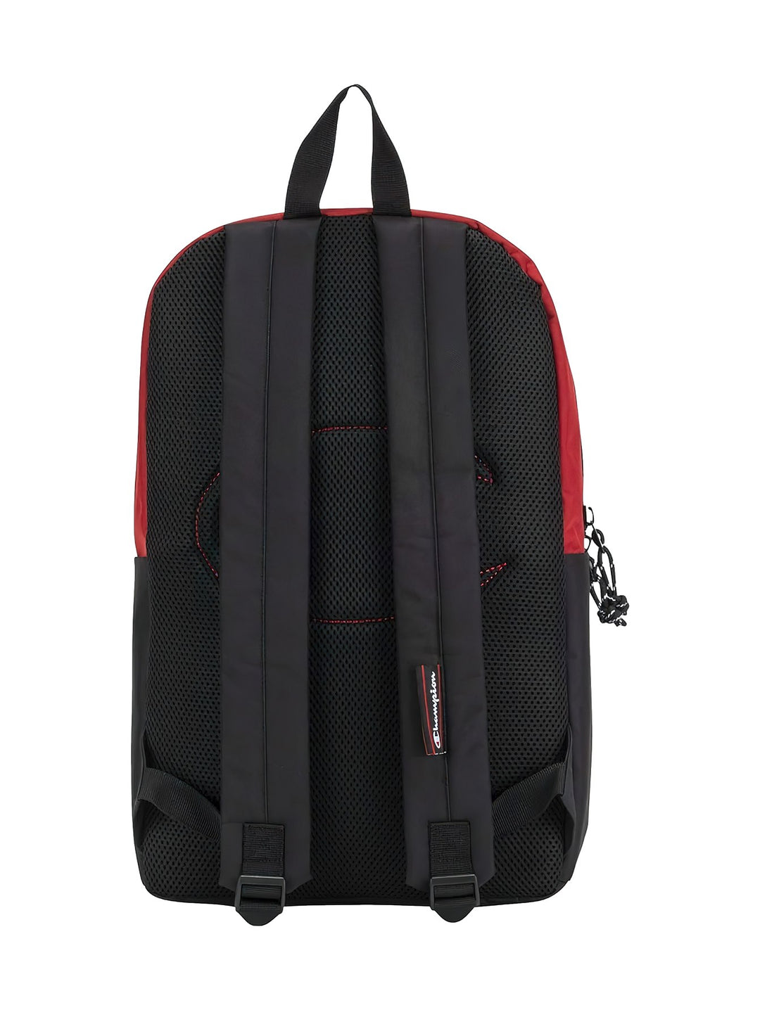 Mochila escolar Champion en colores rojo y negro con logotipo blanco en el frente.