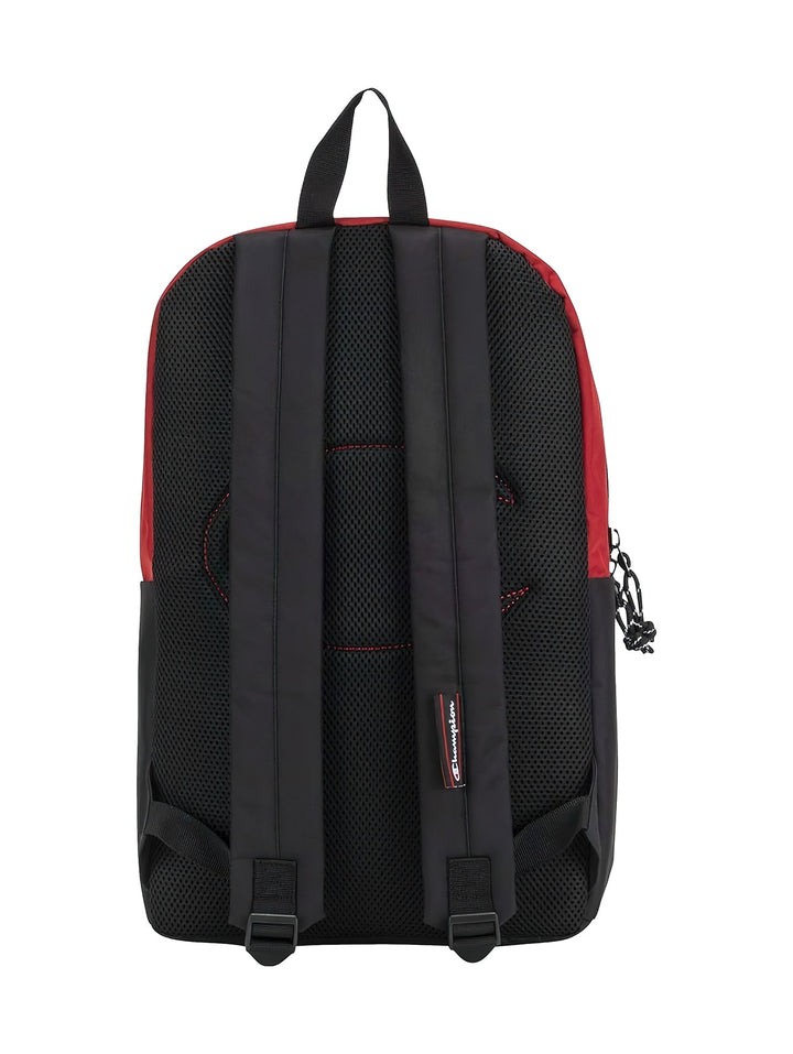 Mochila escolar Champion en colores rojo y negro con logotipo blanco en el frente.