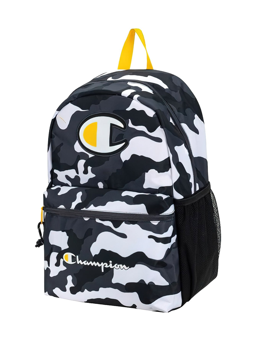 Mochila escolar Champion con estampado de camuflaje en blanco, negro y gris y asa superior amarilla.