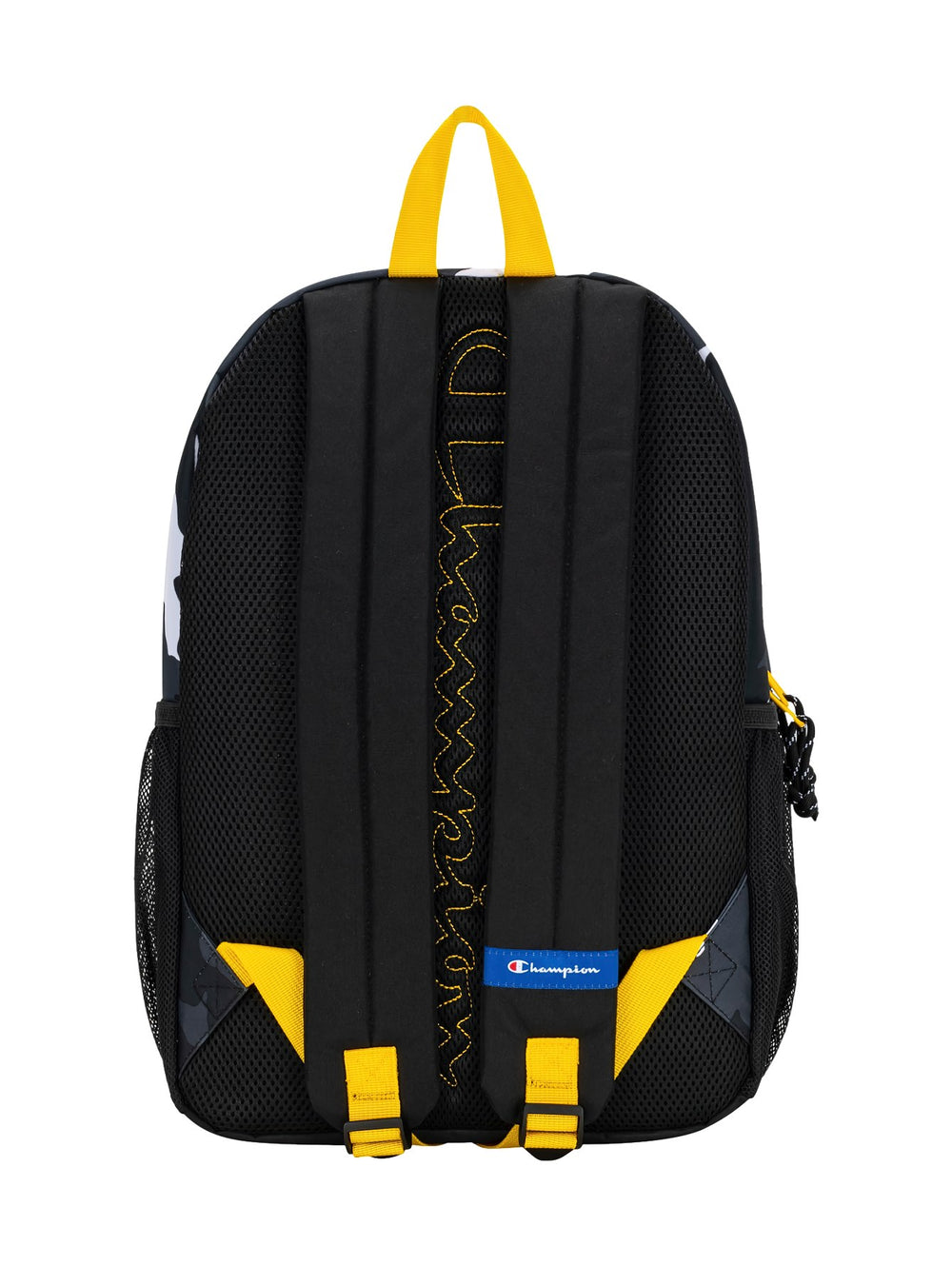 Mochila escolar Champion con estampado de camuflaje en blanco, negro y gris y asa superior amarilla.