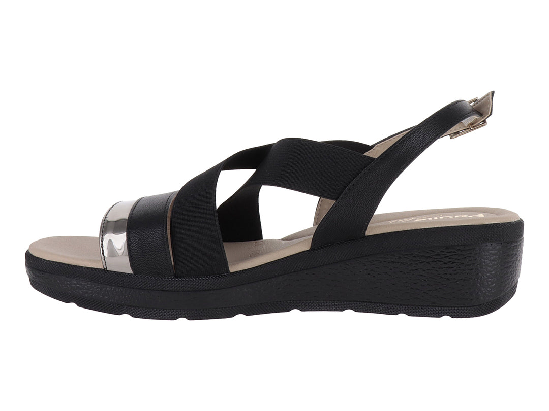 Sandalia negra de plataforma para mujer con correas cruzadas y detalle plateado en la parte frontal.