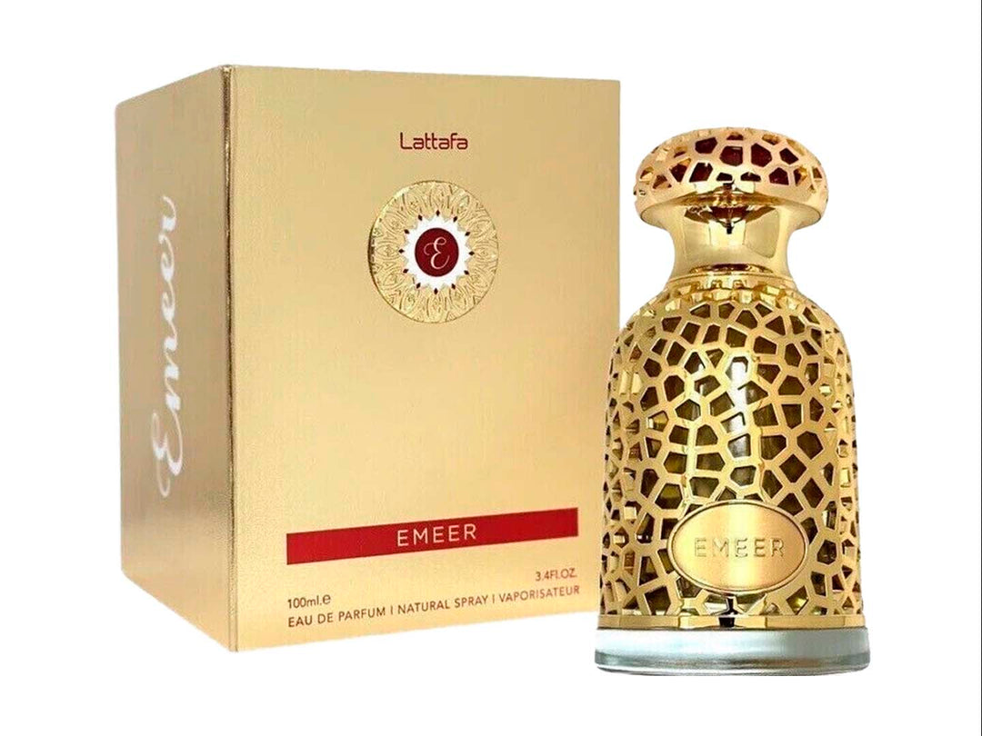 Perfume Lattafa Emeer en frasco dorado con diseño calado y su caja dorada a juego.