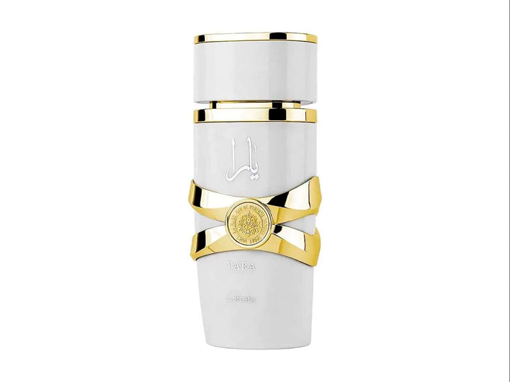 Perfume Lattafa Yara Moi en frasco blanco con detalles dorados y su caja blanca coordinada.