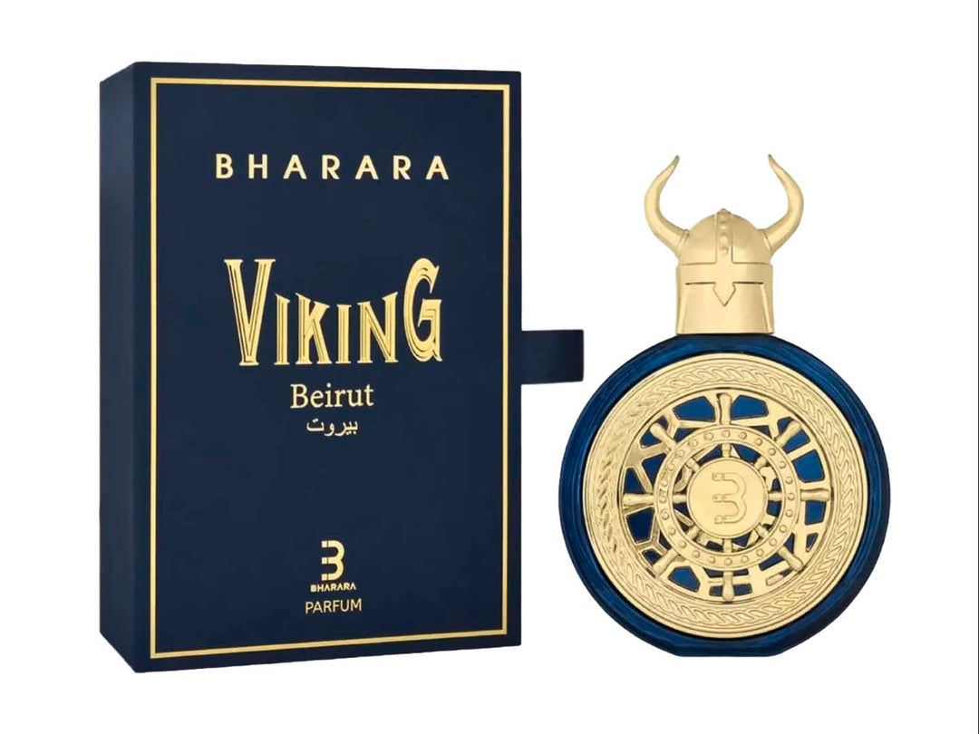 Perfume Bharara Viking Beirut con botella azul y tapa de casco vikingo dorado junto a su caja.
