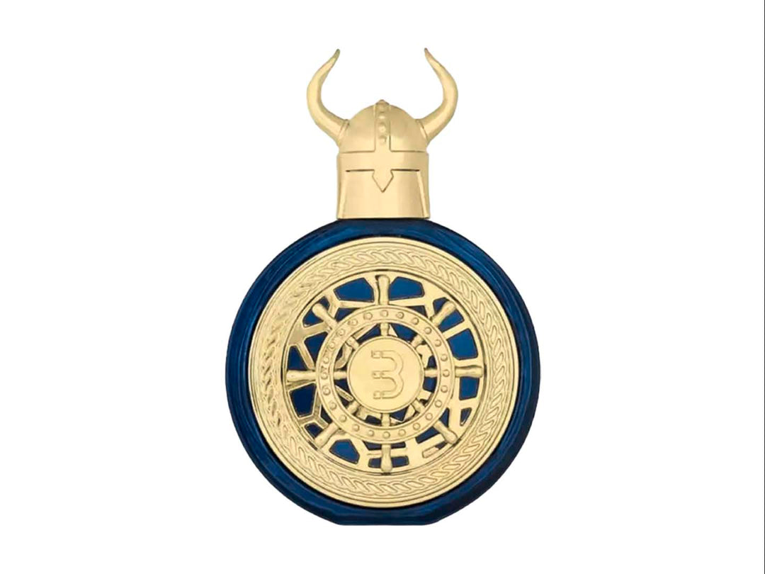 Perfume Bharara Viking Beirut con botella azul y tapa de casco vikingo dorado junto a su caja.