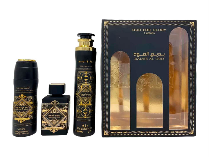 Set de fragancias Lattafa Badee Al Oud Glory en color negro y dorado, incluye tres productos y su caja.