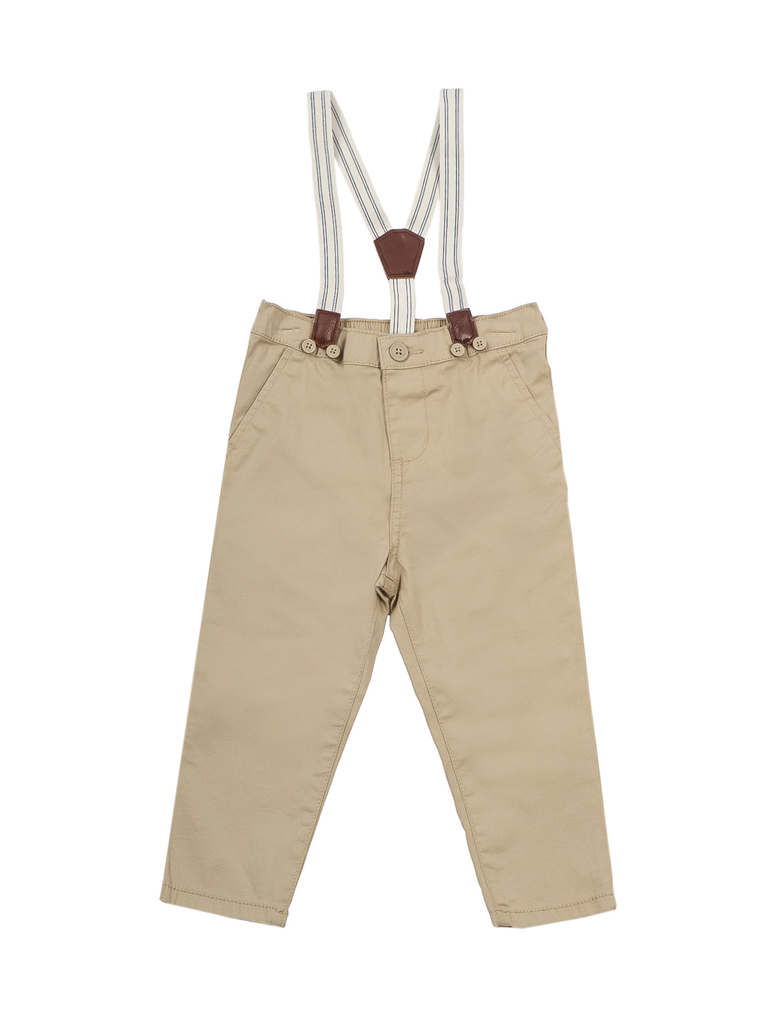 Pantalones color café claro con tirantes a rayas para bebé.